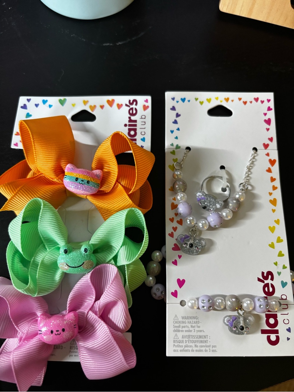 Claire's Kids Orange, Green & Pink Ribbon Bow Hair Clips with Pearl Jewelry Set